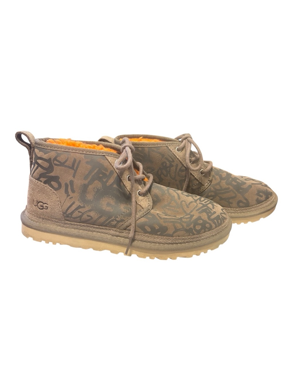 UGG Tan Neumel street Graffiti Ankle Booties with Sherpa Lining Size 8 like new